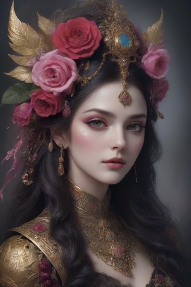 A mesmerizing and captivating painting, inspired by Fedya's imagination, of a mysterious dark priestess. She is adorned with exquisitely detailed electric pink and gold armor featuring intricate floral motifs. The priestess wears an elegant floral headdress and has tattooed pale skin, her stunning features rendered with great precision. The fantasy aesthetic of the Victorian era is evident in its romantic appearance. The backdrop is a rich, dark fantasy setting filled with vibrant crimson roses and various charming elements. This stunning illustration, perfect for a poster or high-quality print, showcases the artist's extraordinary talent for blending different styles to create a one-of-a-kind, captivating masterpiece., dark fantasy, illustration, vibrant, poster, painting