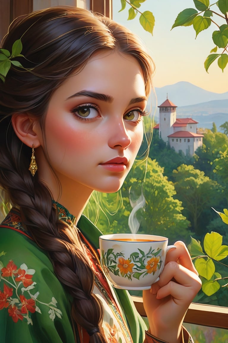 A serene watercolor painting, from Fedya's imagination, captures a close-up portrait of a young woman dressed in a Bulgarian folk costume, sipping tea from a delicate cup. She enjoys the view of vibrant green leaves framed by a minimalist glass window, allowing the warm sunlight to filter through and cast a gentle glow on her delicate features. The intricate details of the leaves and the woman's face are highlighted by this golden light. The backdrop reveals a harmonious blend of nature and modern architecture, with towering structures peeking through the greenery. The overall atmosphere evokes a sense of calm and unity between the natural world and the urban environment, which makes this picture a true work of art, painting, illustration and the beauty of Bulgaria.