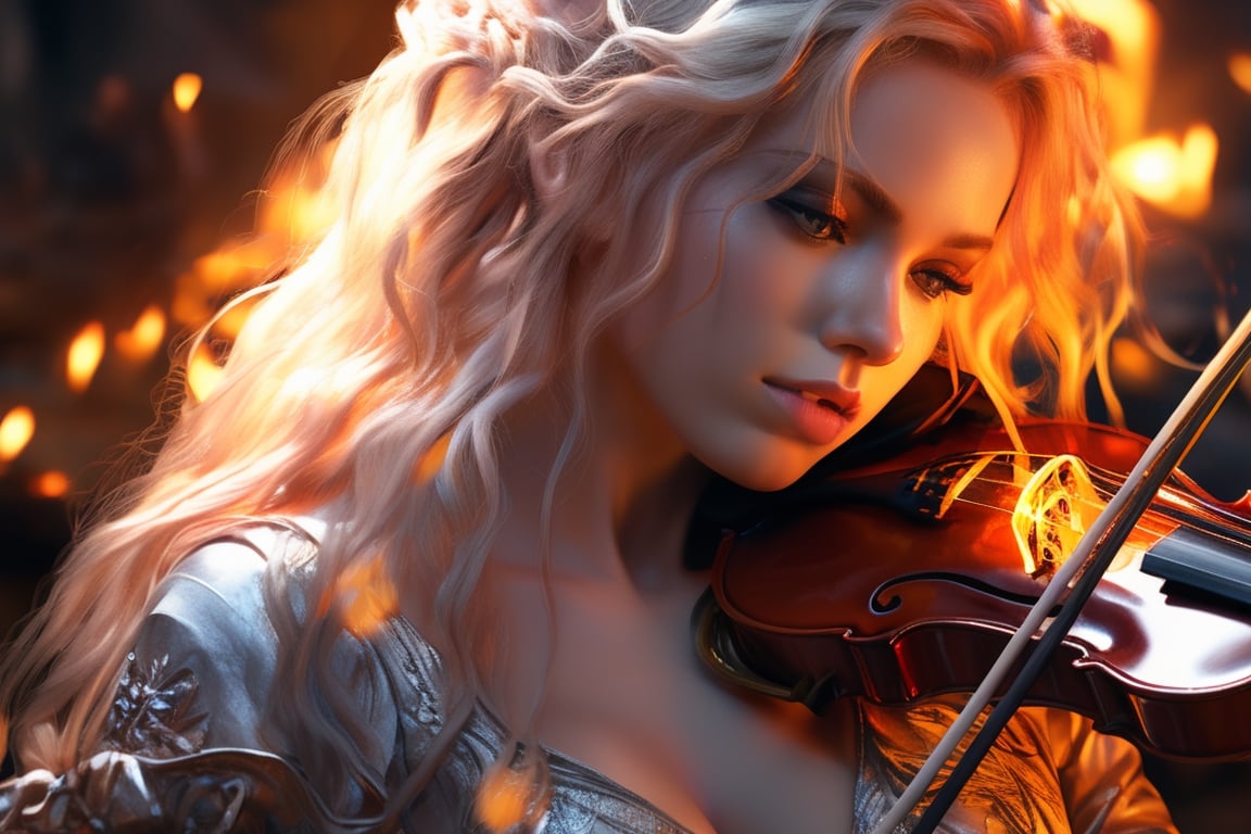 a woman holding a violin in front of a fire, digital art, by Arthur Pan, Artstation contest winner, digital art, closeup view, 🕹️ 😎 🔫 🤖 🚬, annasophia robb as aphrodite, a dark phoenix, PHOTO REALISTIC