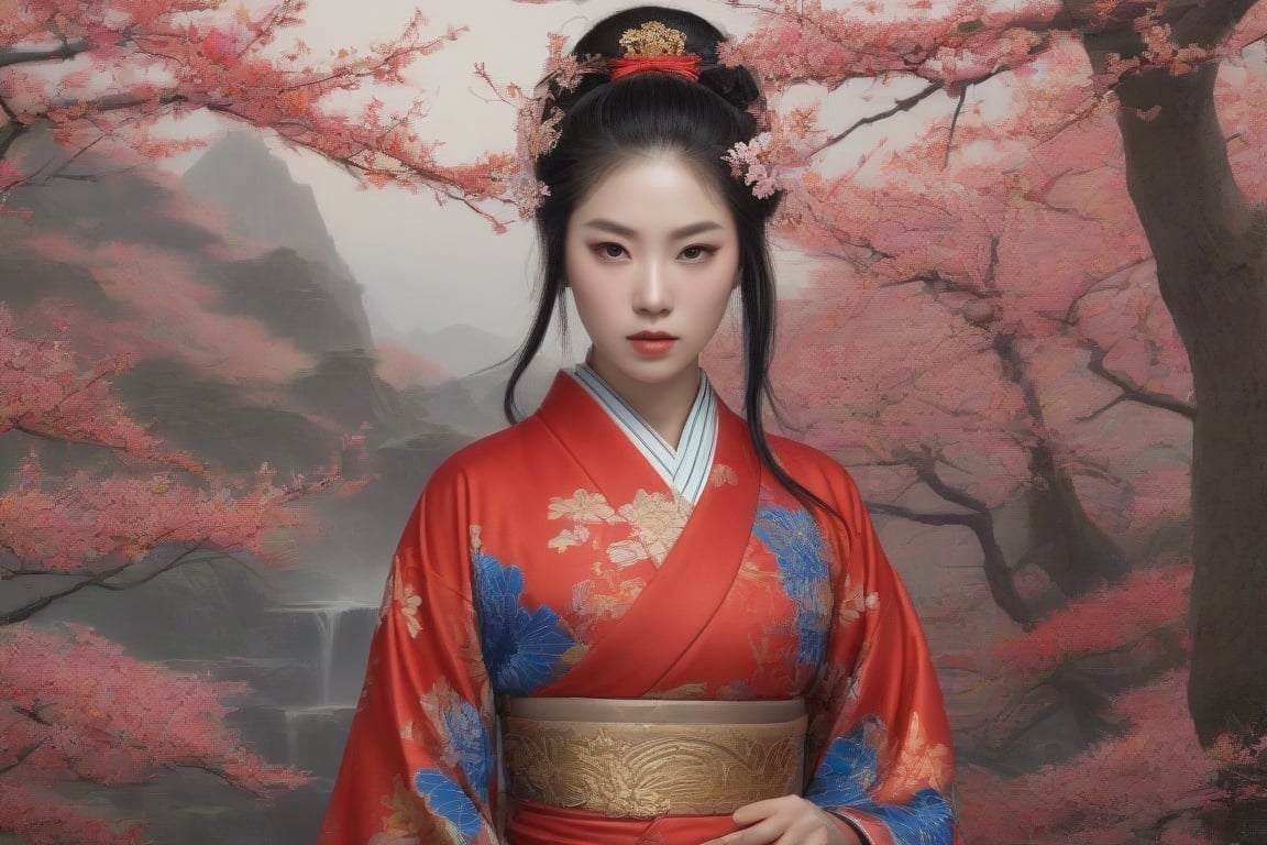 A stunning and hyper-realistic portrait photograph, from Feyada's imagination, captures the essence of the female samurai warrior, radiating both beauty and strength. She is dressed in a stunning red kimono with intricate gold and silver patterns, an elegant matching obi, and impressive samurai armor adorned with gold detailing. Her outfit exudes a cinematic, ethereal aura reminiscent of a classic ukiyo-e print. The background shows a lush, colorful landscape filled with cherry blossoms and autumn foliage, seamlessly blending the elements of strength, grace and nature. The dramatic and bold atmosphere of the portrait conveys an empowering message and a sense of harmony between the warrior and his surroundings, making it a truly captivating and inspiring piece of art., vibrant, fashion, ukiyo-e, photo, portrait photography, cinema, poster