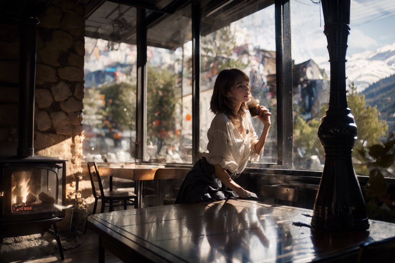 a coffee shop, (girl:1.3), (kitten sitting on the table:1.1), sitting next to the window, sunlight sprinkle, there is hot coffee on the table, rain outdoors, there is a warm fireplace in the coffee shop,, (masterpiece, best quality, ultra-detailed, 8K),beautiful house in mountains free space from trees, daylight:),bobcut,(colorful),cinematic lighting,midjourney,realhands
