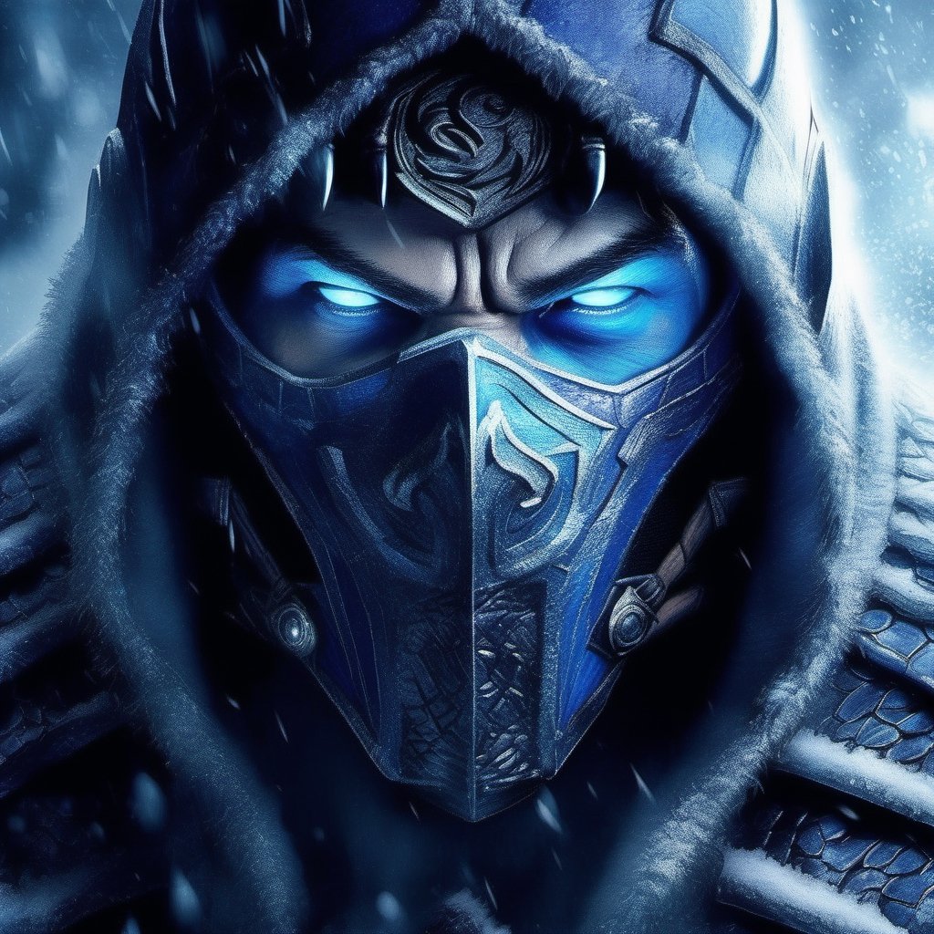 Create an immersive visual experience of Mortal Kombat Sub-Zero, incorporating a sinister and eerie ambiance. Utilize illusory wallpaper portraits that bring forth elements of darkness and horror. Employ vibrant and realistic colors to enhance the overall atmosphere. Employ intense close-ups to capture intricate details. Ensure ultra-high-definition imagery for optimal clarity. make sure the details on the sample picture is present in the outcome. Embrace a modular approach to present a diverse array of visuals. Draw inspiration from mosaic art to infuse a sense of realism into the composition. 