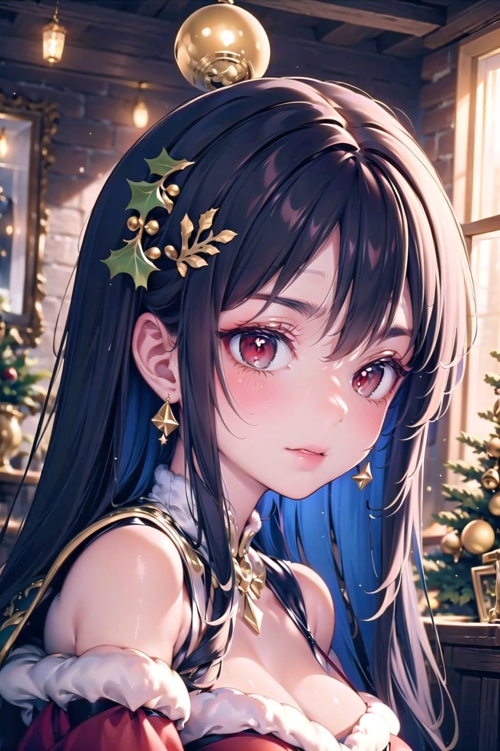 vibrant colors,  female,  masterpiece,  sharp focus,  best quality,  depth of field,  cinematic lighting,  ((solo,  adult woman)),  (illustration,  8k CG,  extremely detailed),  masterpiece,  ultra-detailed,  1 girl,  short hair,  mixed hair,  black hair,  red eyes, ,  in a festive nook adorned with mistletoe,  a girl stands beneath the holiday greenery,  creating a scene of enchanting merriment. The detailed illustration captures her in a moment of whimsy,  surrounded by the timeless tradition of the Christmas mistletoe,  dressed in festive attire suitable for the season,  the room is bathed in the soft glow of holiday lights,  creating an intimate and warm atmosphere. The mistletoe becomes a playful accent,  symbolizing the spirit of holiday gatherings and timeless traditions,  the illustration paints a charming portrait of a girl beneath the Christmas greenery,  where her presence and the festive mistletoe create an atmosphere of joy,  anticipation,  and the promise of holiday magic,,,Christmas