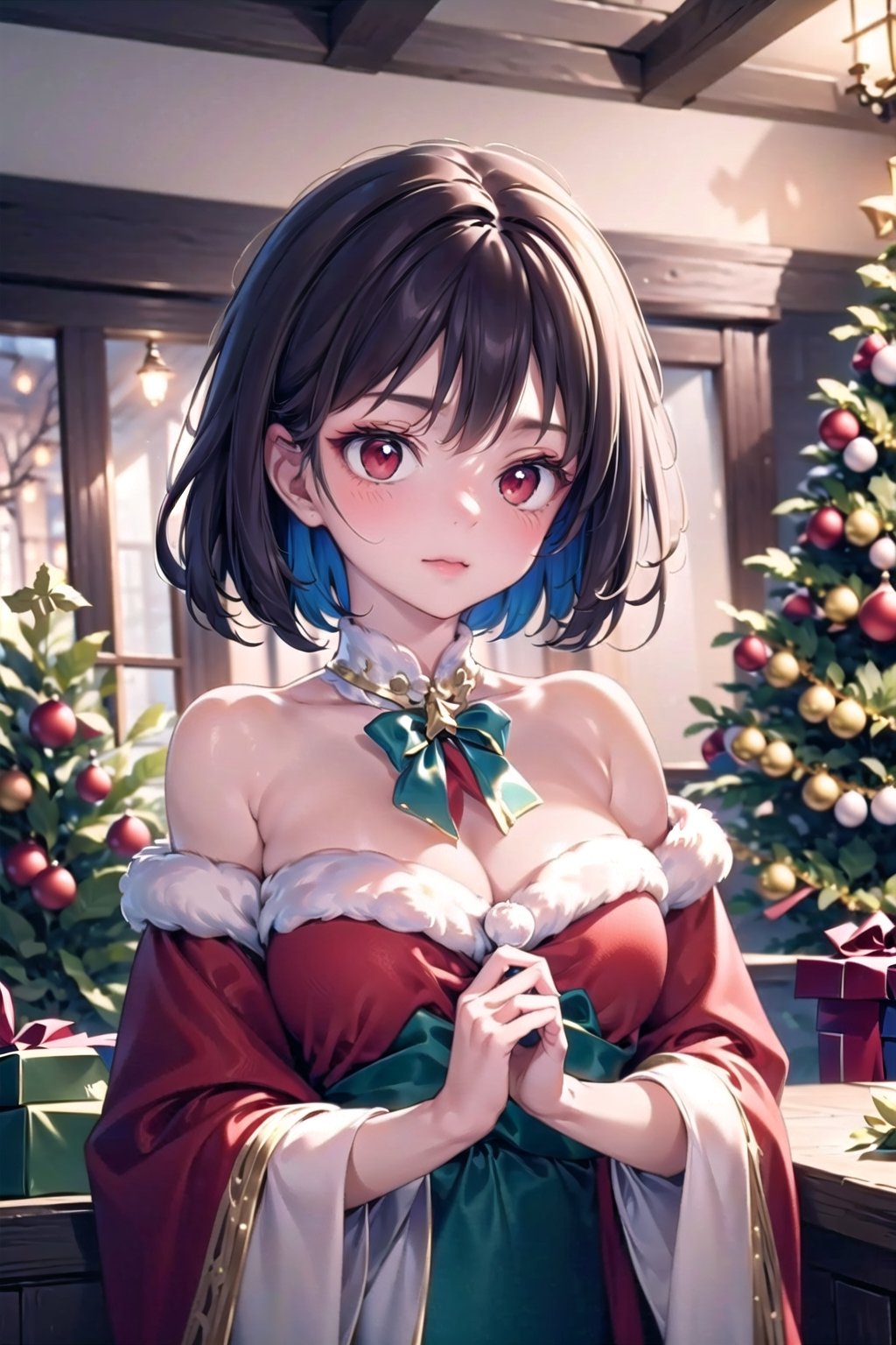 vibrant colors,  female,  masterpiece,  sharp focus,  best quality,  depth of field,  cinematic lighting,  ((solo,  adult woman)),  (illustration,  8k CG,  extremely detailed),  masterpiece,  ultra-detailed,  1 girl,  short hair,  mixed hair,  black hair,  red eyes, ,  in a festive nook adorned with mistletoe,  a girl stands beneath the holiday greenery,  creating a scene of enchanting merriment. The detailed illustration captures her in a moment of whimsy,  surrounded by the timeless tradition of the Christmas mistletoe,  dressed in festive attire suitable for the season,  the room is bathed in the soft glow of holiday lights,  creating an intimate and warm atmosphere. The mistletoe becomes a playful accent,  symbolizing the spirit of holiday gatherings and timeless traditions,  the illustration paints a charming portrait of a girl beneath the Christmas greenery,  where her presence and the festive mistletoe create an atmosphere of joy,  anticipation,  and the promise of holiday magic,,,Christmas