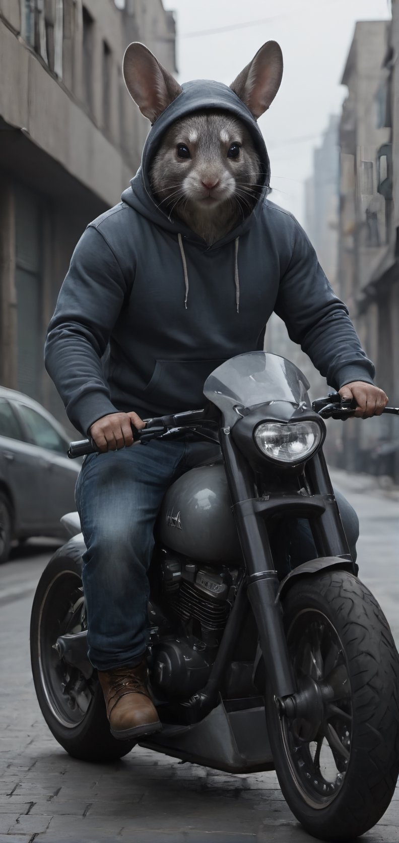 Create a chinchilla man, on motorbike, wearing hoddie and jeans, hood covering his head, big ears, boots, city, outdoors, looking in camera, high detailed, photo r3al, Movie Still,Walz