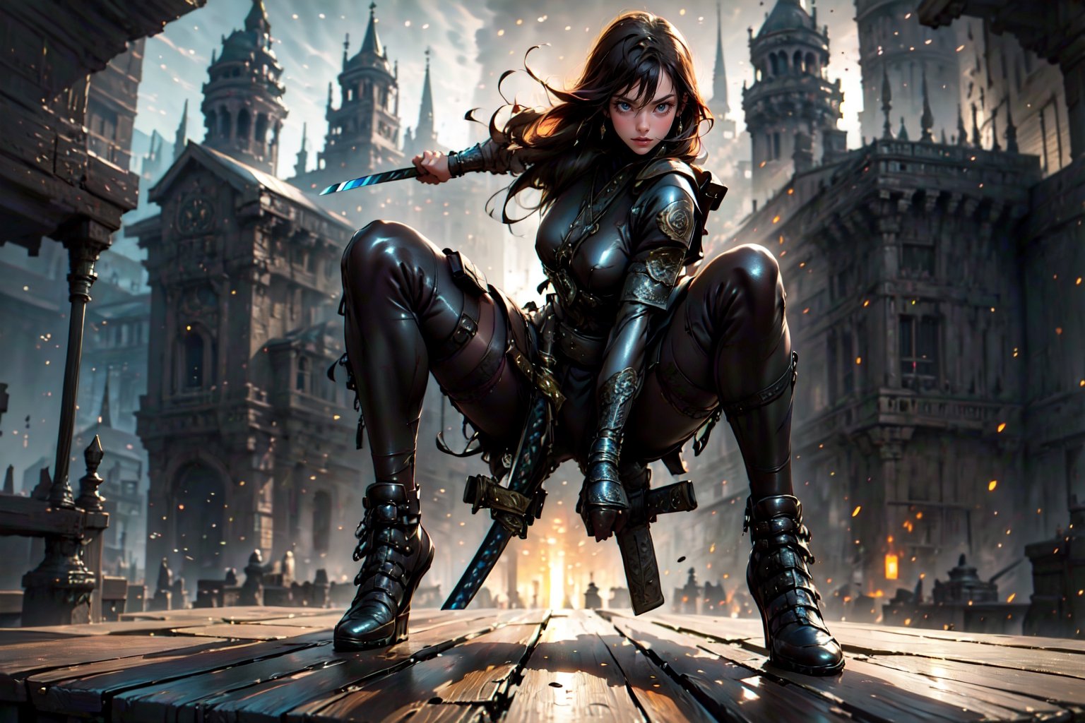  A female warriorl, wearing leather microskirt revealing legs, esthetic horizontal pose fighting in a elegant  flyng pose,  (Cinematic lighting, ethereal light, intricate details, extremely detailed,astounding details, full colored), complex details, hyper maximalist, gorgeous light and shadow, detailed decoration, detailed lines. masterpiece, best quality, HDR, UHD, unreal engine. looking at the camera, fair skin, beautiful face,gongbiv, girl,1 girl,holding sword, 