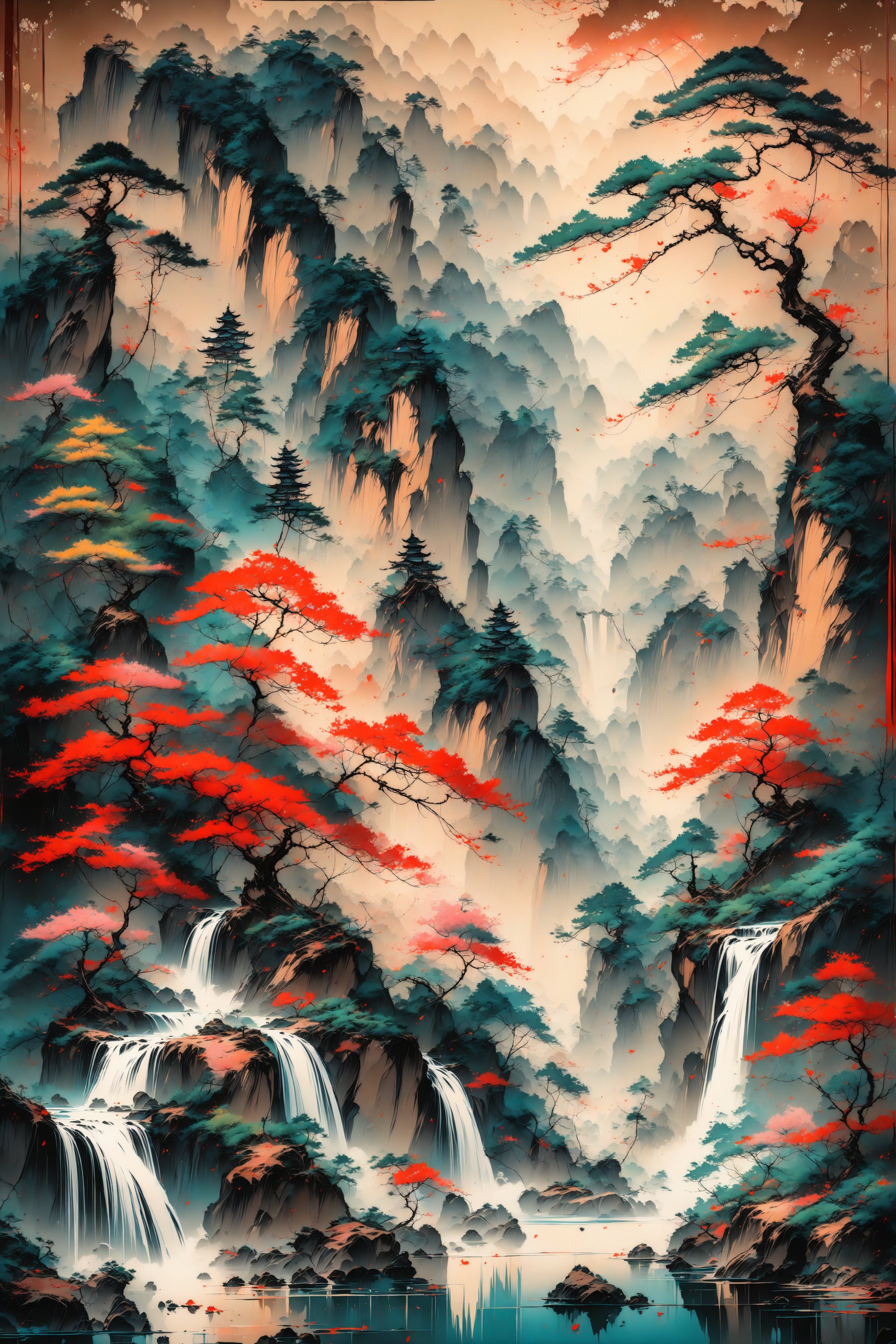 Majestic landscape, stunning image, ((masterpiece: 2)), wallpaper, 8K, ink art, ((sumi-e artstyle: 1.2)), forest, brushstrokes, very beautiful image.