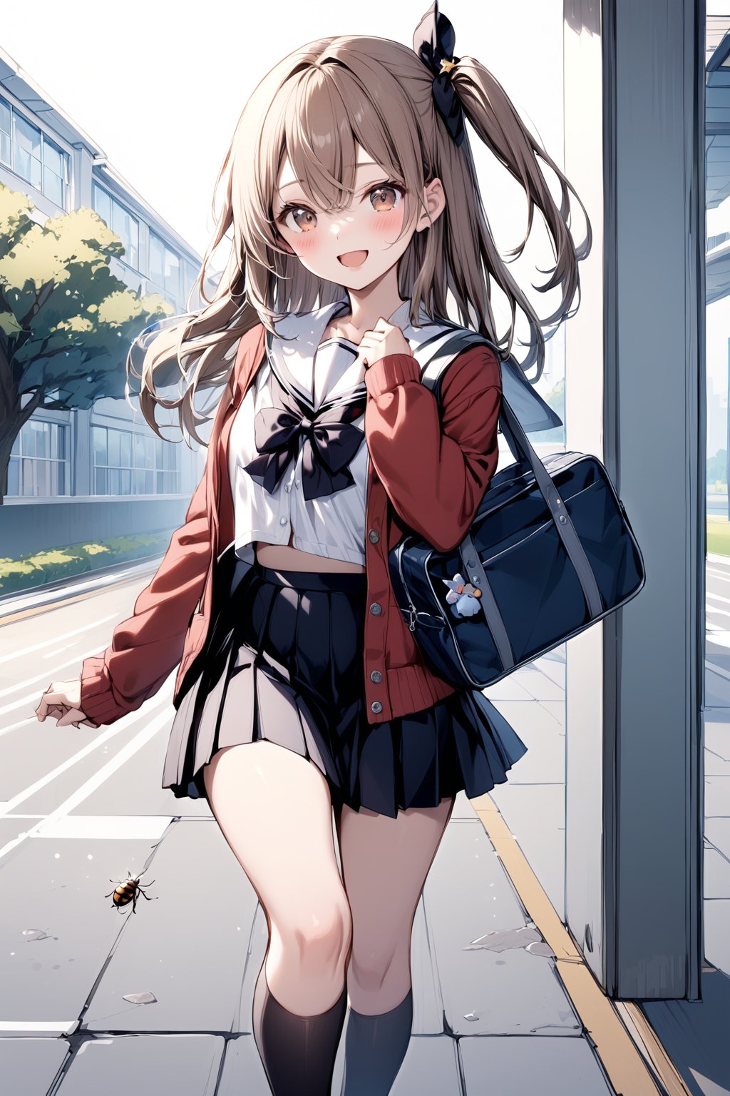1girl, solo, long hair, looking at viewer, blush, smile, open mouth, bangs, skirt, brown hair, shirt, long sleeves, school in background, bow, hair between eyes, brown eyes, very long hair, school uniform, standing, jacket, full body, white shirt, hair bow, pleated skirt, open clothes, shoes, serafuku, socks, black skirt, sailor collar, bag, black footwear, red bow, kneehighs, sparkle, black bow, one side up, cardigan, bug, black socks, loafers, red jacket, school bag, white sailor collar, bag charm