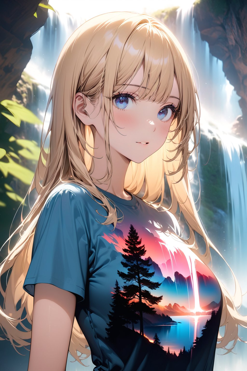 very beautiful girl, upper body, blonde hair, looking at viewer. Double exposure with an image of a waterfall, masterpiece, ((double exposure)), proportional.,DOUBLE EXPOSURE