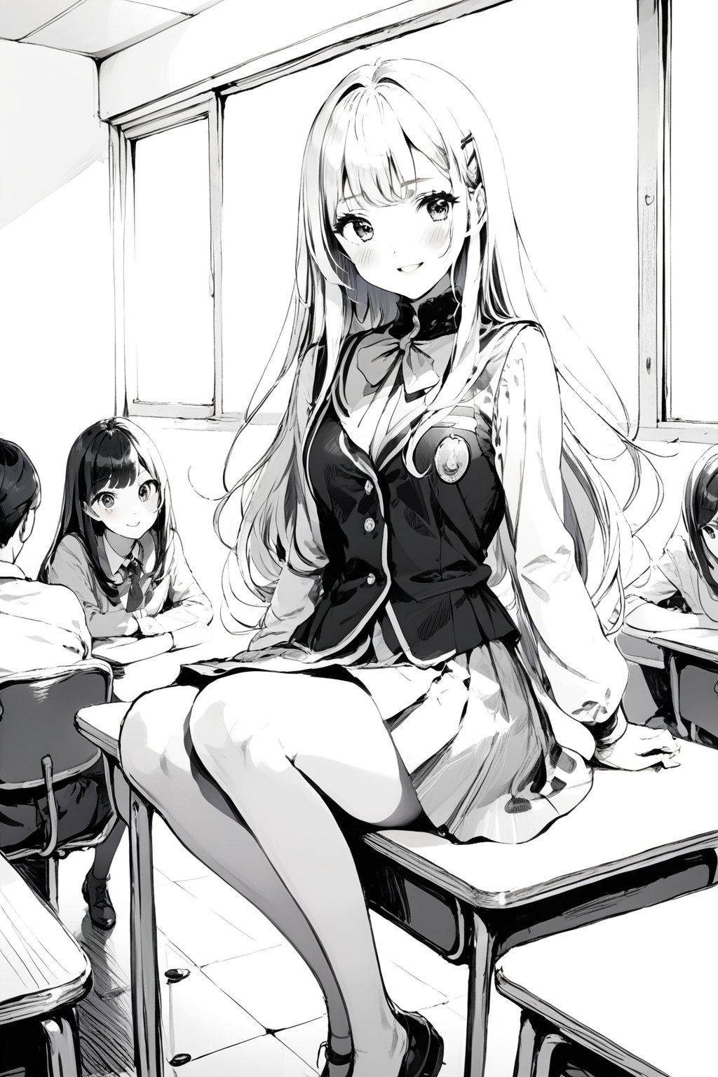 solo, 1girl, long white hair, smile, charming girl, looking at viewer, very beautiful woman, (upper body), classroom in background, hairpin, long hair, straight hair, hime cut, sitting in desk, shoujo manga style, manga art style, schoolgirl uniform, makeup, blush, ((monochrome)), gray scale, greyscale, ((Pencil sketch)), professional style, detailed image, ((masterpiece quality: 2)), attractive image. ,Details,Detailed Masterpiece,Reflections