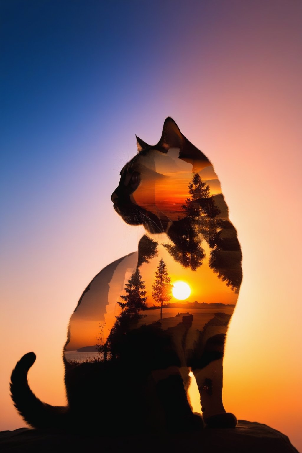 silhouette of a cat, no human. Inside the cat you can see the double exposure with a sunset, masterpiece, ((double exposure)), proportional.,DOUBLE EXPOSURE