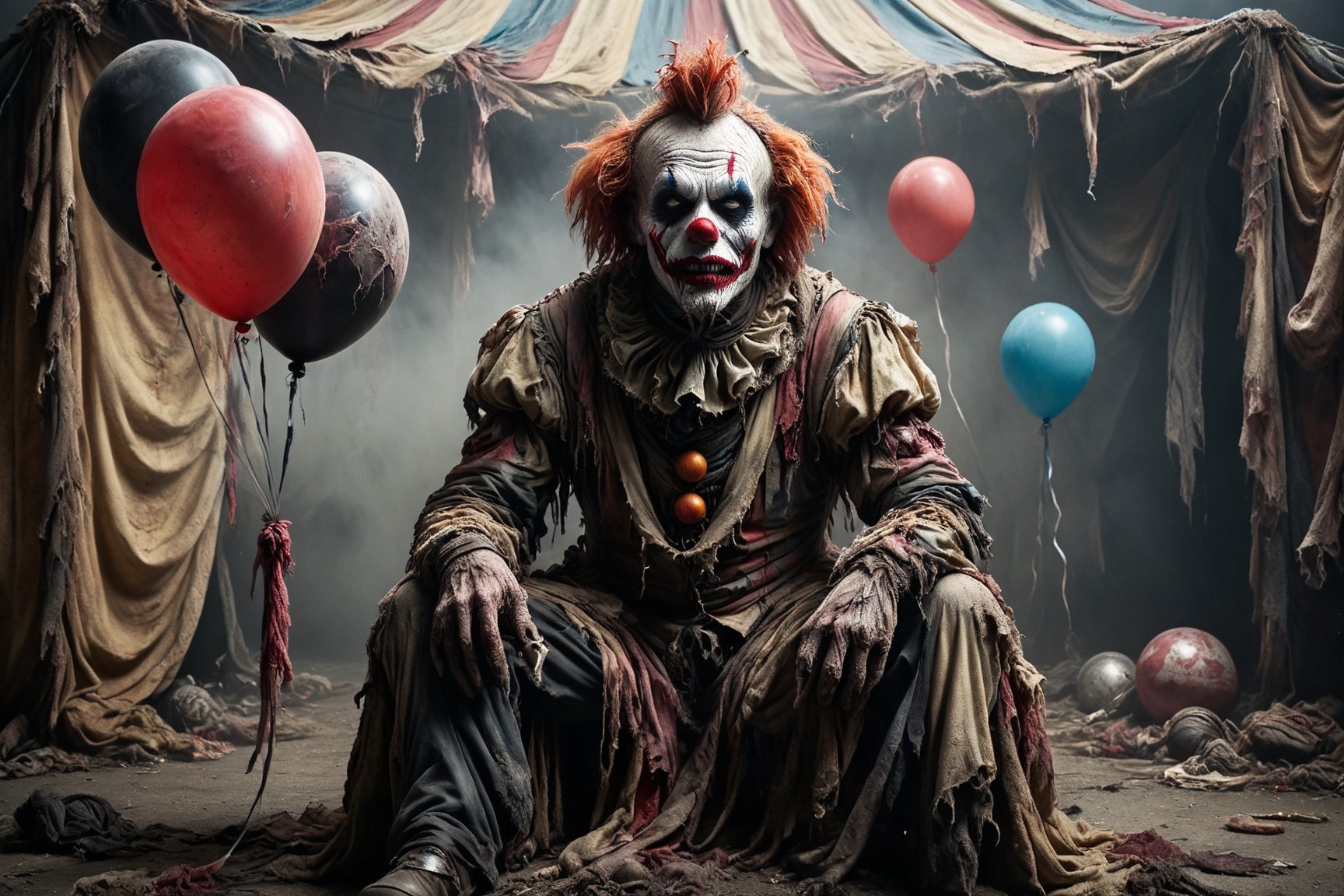 zombie clown sitting in a chair that has two balloons tied to it, putrid skin, disfigured features, torn, dirty and bloody clothes, clown suit, clown hat, bored waiting for someone to come to his performance, circus atmosphere, spooky atmosphere and atmosphere of terror, old dilapidated circus tent in background, 16k UHD, extreme realism, maximum definitions, ultra detail,monster,steampunk style,more detail XL