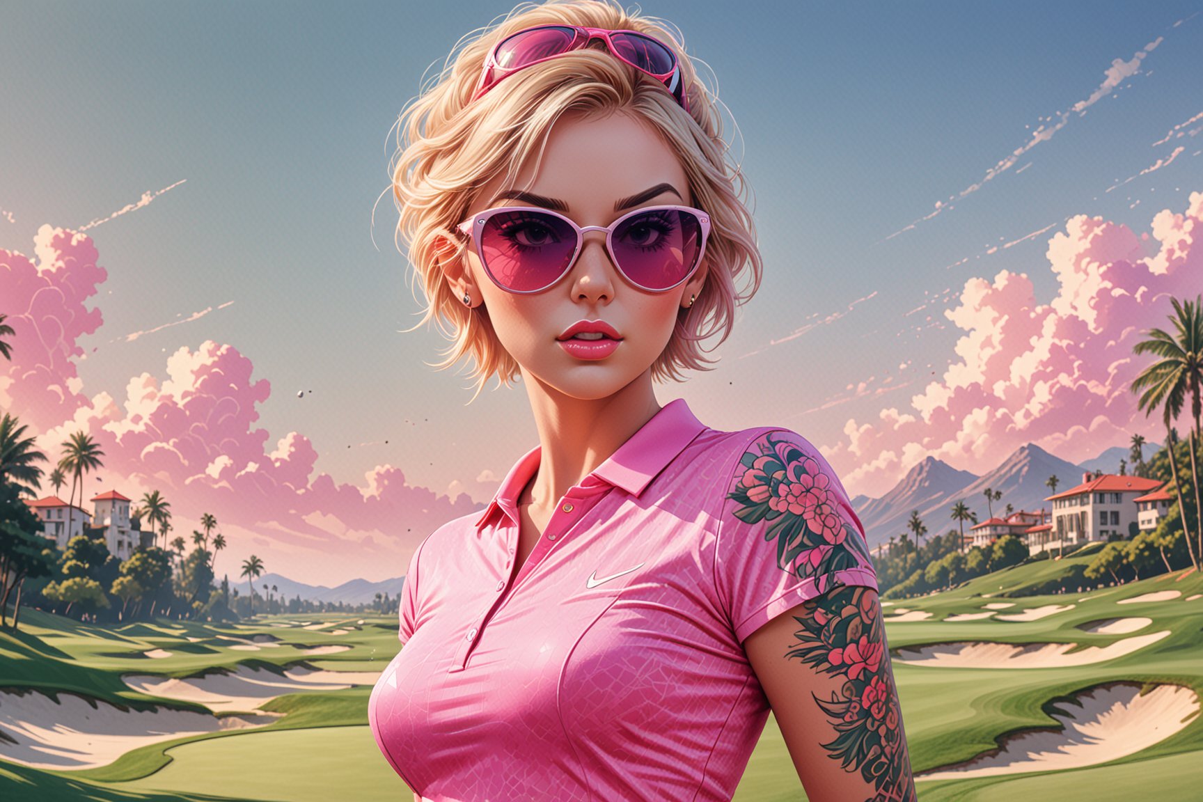 comic book illustration of a portrait of a woman playing golf, wearing sexy sport dress, wearing sunglasses, (((only one woman))), lightly open lips, short blonde with pink highlights hair, tattooed  body, full color, vibrant colors, 
sexy body, detailed gorgeous face, lonely environment, golf tournament in background, exquisite detail,  30-megapixel, 4k, Flat vector art, Vector illustration, Illustration,,<lora:659095807385103906:1.0>