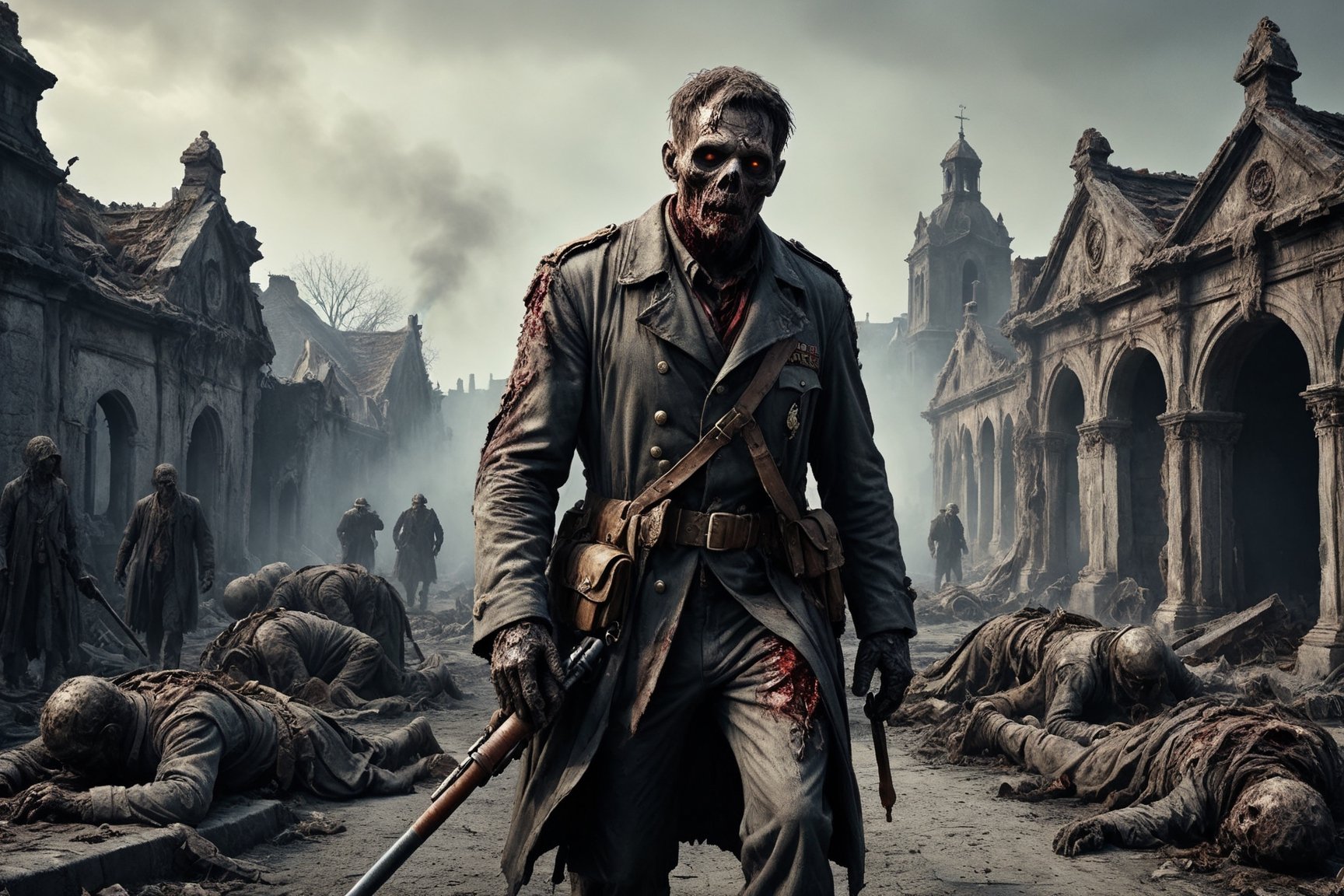 army officer of WWII zombie, putrid skin, disfigured features, torn, dirty and bloody clothes, walking along a path that borders a graveyard, dismembered bodies on the ground, burst artillery cannon, spooky atmosphere and atmosphere of terror, old town ruins on fire in Background, 16k UHD, extreme realism, maximum definitions, ultra detail,monster,steampunk style