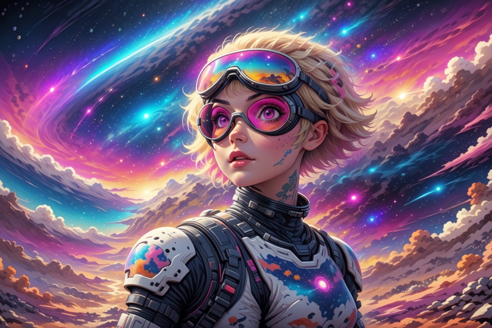close-up comic book illustration of a woman in the mountains, wearing astronaut suit, wearing futuristic sunglasses, (((only one woman))), lightly open lips, short blonde with ((pink hightlights)) hair, tattooed  body, full color, vibrant colors, showing tits under the dress,
sexy body, detailed gorgeous face, lonely environment, planetsand galaxies in background, exquisite detail, 30-megapixel, 4k, Vector illustration, Illustration,,,,,<lora:659095807385103906:1.0>