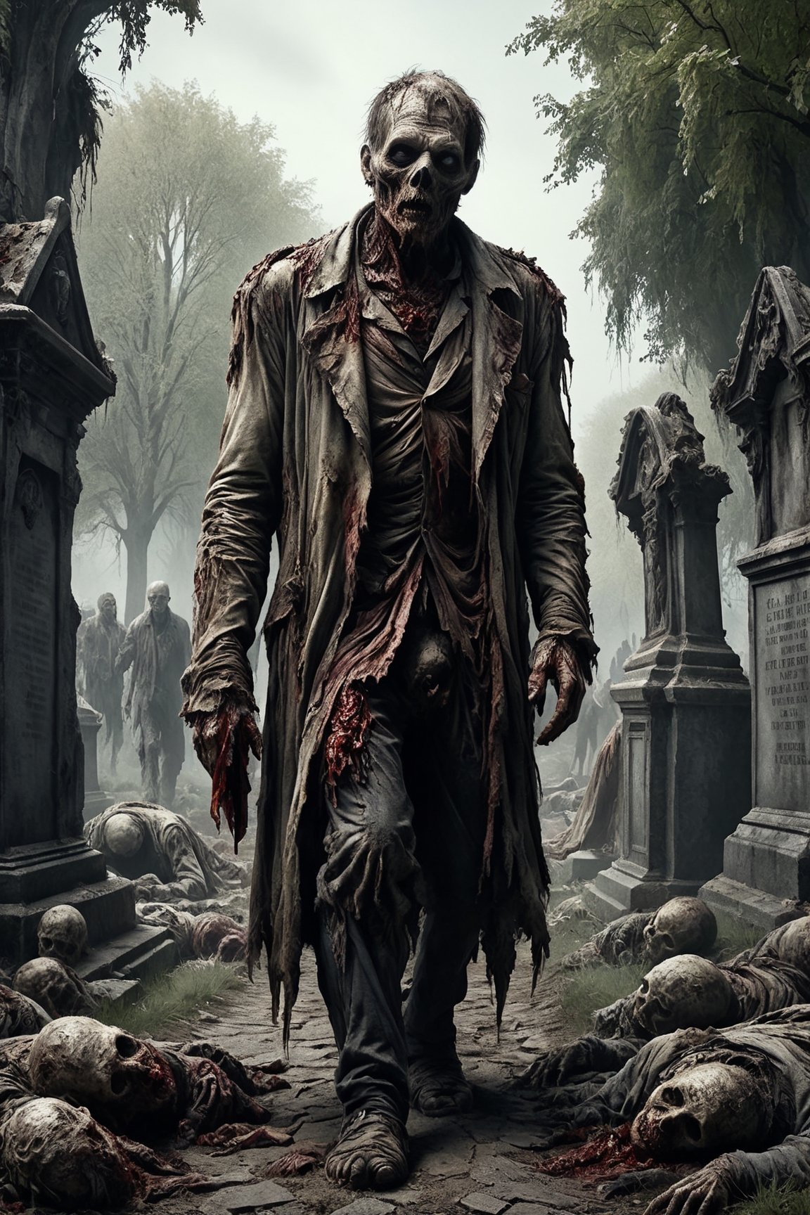 a zombie, putrid skin, disfigured features, torn, dirty and bloody clothes, walking along a path that borders a graveyard, bodies on the ground, spooky atmosphere and atmosphere of terror ,16k UHD, extreme realism, maximum definitions, ultra detail,monster,steampunk style