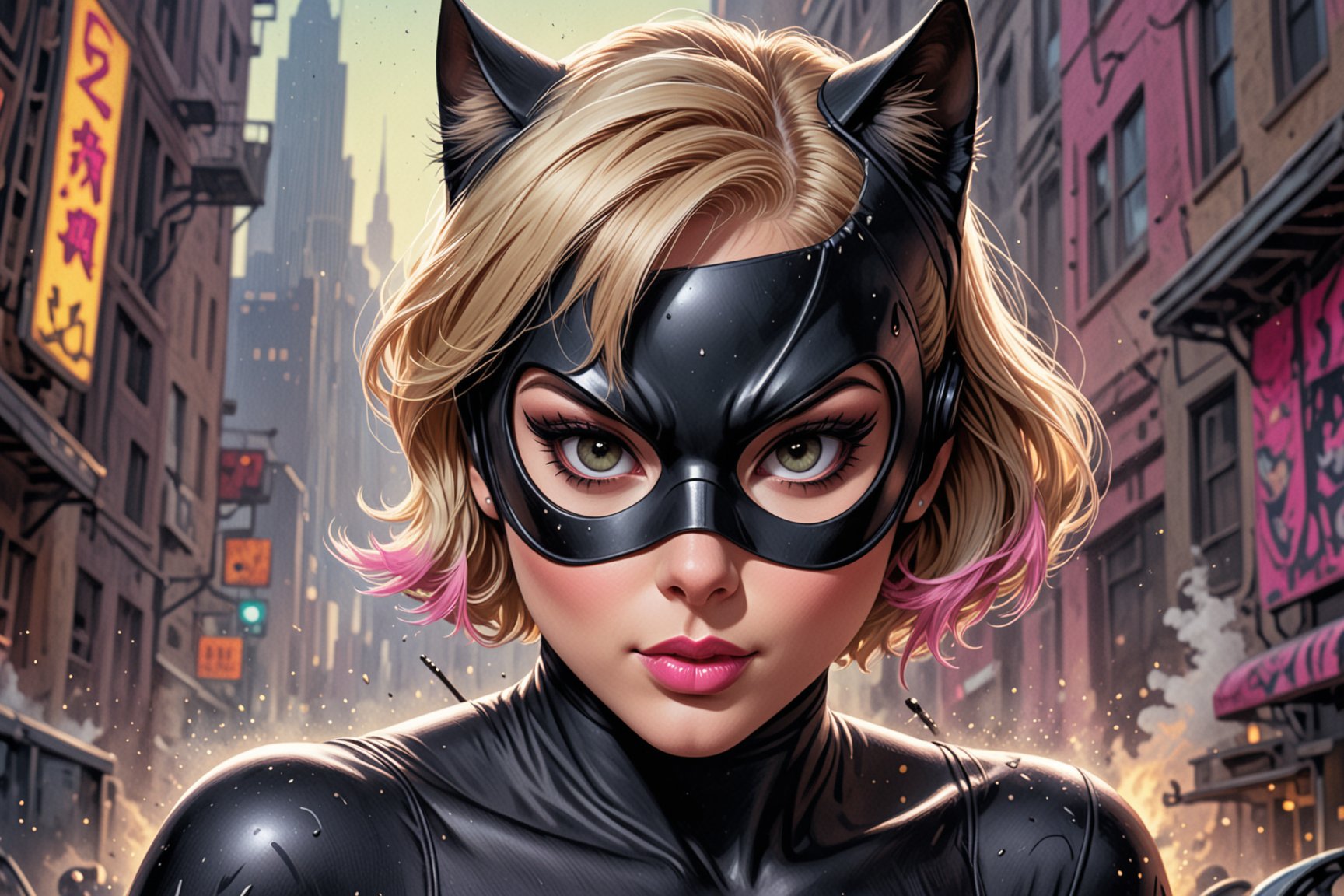 comic book illustration of a portrait of a woman dressed as Catwoman, wearing catwoman mask, wearing glasses, (((only one woman))), lightly open lips, short blonde with pink highlights hair, tattooed  body, full color, vibrant colors, 
sexy body, detailed gorgeous face, shooting a movie, film environment, film set in background, exquisite detail,  30-megapixel, 4k, Flat vector art, Vector illustration, Illustration,,,<lora:659095807385103906:1.0>