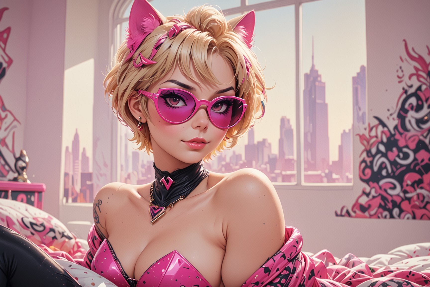 close-up comic book illustration of a portrait of a woman, wearing sexy full cat costume up to the neck, wearing sunglasses, sitting in her bed, (((only one woman))), (((short blonde with pink highlights hair))), tattooed  body, full color, vibrant colors, sexy body, detailed gorgeous face, modern room with window in background, exquisite detail,  30-megapixel, 4k, Flat vector art, Vector illustration, Illustration,,<lora:659095807385103906:1.0>