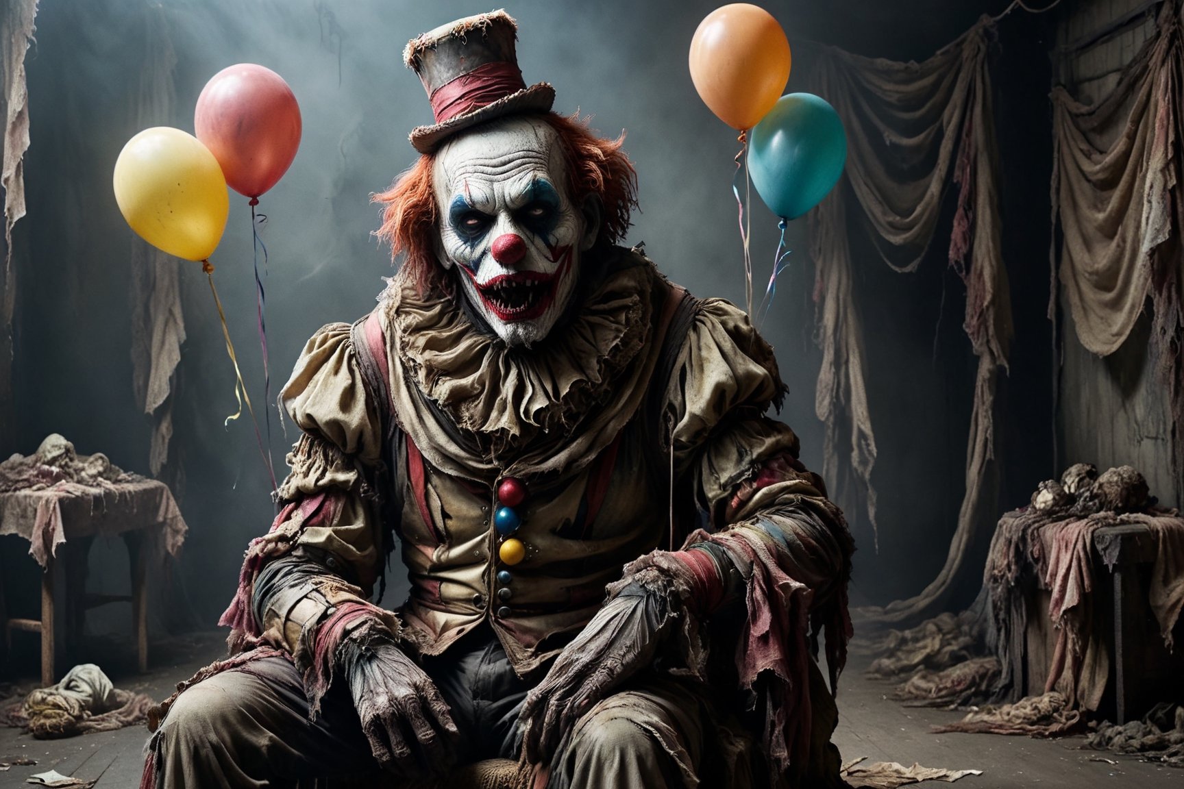 zombie clown sitting in a chair that has two balloons tied to it, putrid skin, disfigured features, clown suit, clown hat, bored waiting for someone to come to his performance, circus atmosphere, spooky atmosphere and atmosphere of terror, old dilapidated circus in background, 16k UHD, extreme realism, maximum definitions, ultra detail,monster,steampunk style,more detail XL