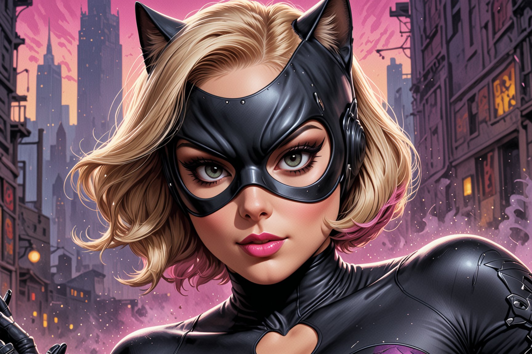 comic book illustration of a portrait of a woman dressed as Catwoman, wearing catwoman mask, wearing glasses, (((only one woman))), lightly open lips, short blonde with pink highlights hair, tattooed  body, full color, vibrant colors, 
sexy body, detailed gorgeous face, shooting a movie, film environment, film set in background, exquisite detail,  30-megapixel, 4k, Flat vector art, Vector illustration, Illustration,,,<lora:659095807385103906:1.0>