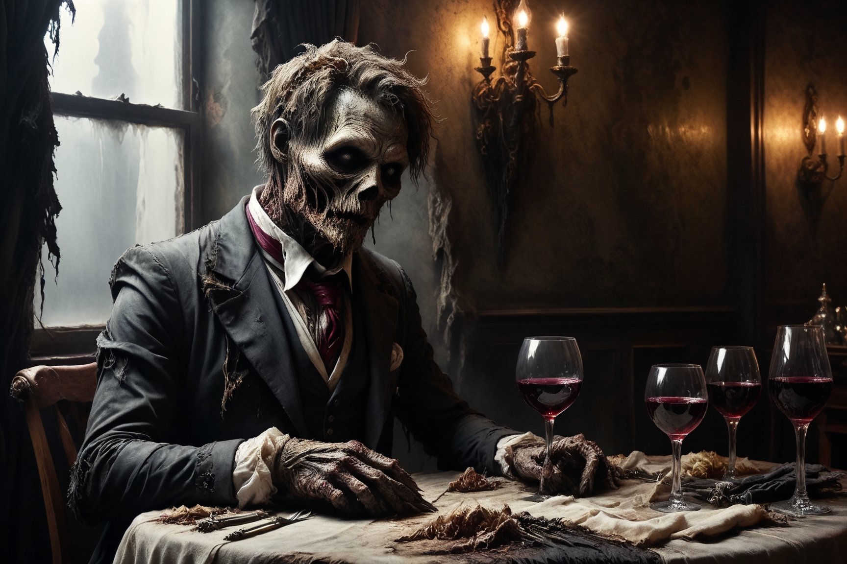 zombie sitting at the table in a luxury restaurant, putrid skin, disfigured features, dressed in an elegant tuxedo, having a glass of wine while waiting for the food, elegant and luxurious atmosphere, spooky atmosphere and atmosphere of terror, elegant glassware and cutlery on the table, 16k UHD, extreme realism, maximum definitions, ultra detail,monster,steampunk style,more detail XL