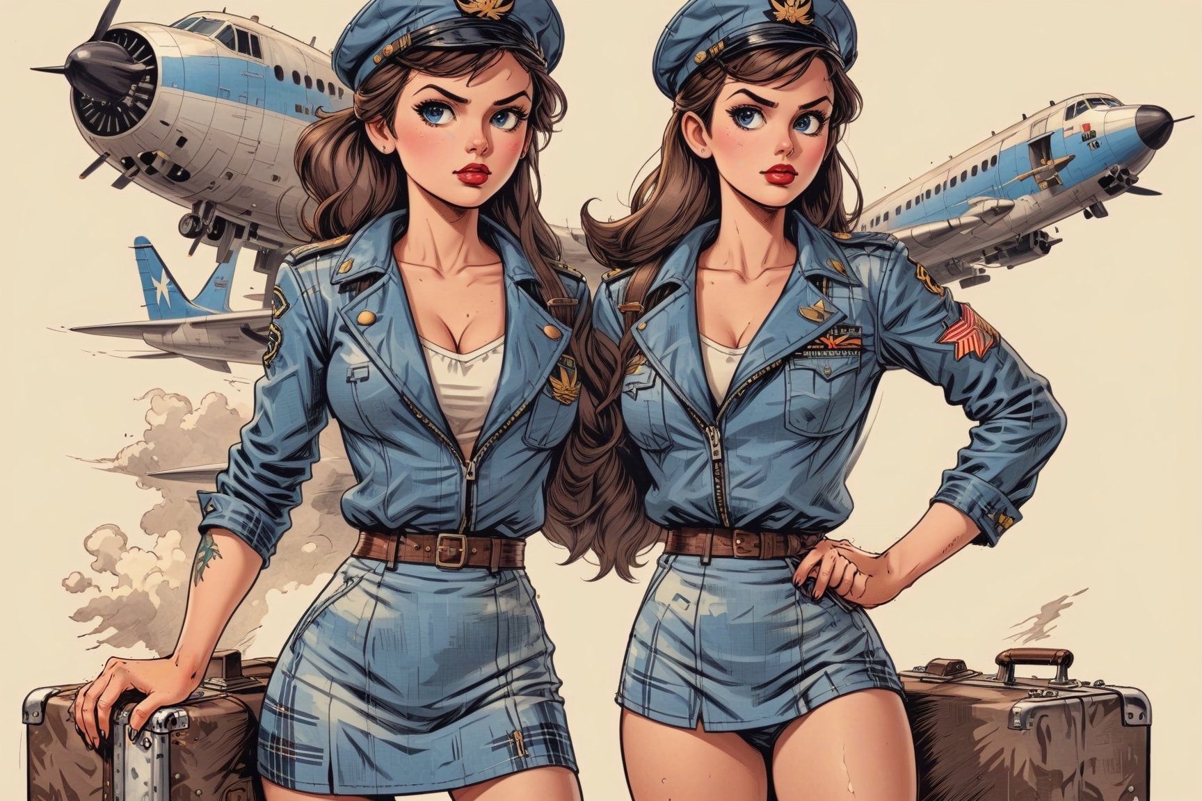 vintage comic book illustration of a commercial aviation captain woman at the airport, only one woman, airport background, dark brown ponytail hairstyle, wearing blue leather jacket, plaid miniskirt, blue aviation captain cap, wearing white blouse, showing small breast under the bloue, great cleavage, long cleavage, sexy body, black lips, tattooed body, detailed gorgeous face, exquisite detail, ((full body)), 30-megapixel, 4k, Flat vector art, Vector illustration, Illustration, <lora:659095807385103906:1.0>,,rubber_hose_character,<lora:659095807385103906:1.0>,vintagepaper,<lora:659095807385103906:1.0>