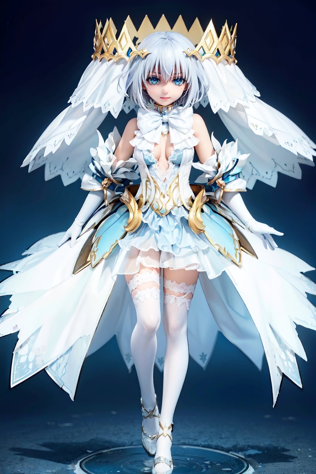 one girl, standing, Full body, white hair, short hair, bangs, hair between eyes, (crown:1.2), white veil, blue eyes, looking at viewer, smile, bare shoulders, white bow, white bowtie, cleavage, small breasts, detached sleeves, elbow gloves, white gloves, dress, white dress, tobiichi origami angel,