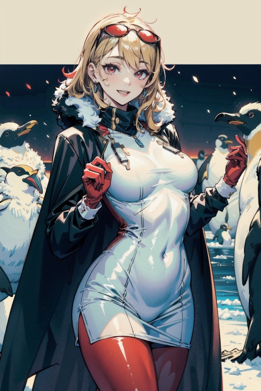 perfect face, perfect hands, perfect eyes, atmospheric scene, masterpiece, best quality, (detailed face), (detailed eyes), cinematic light, female, tall, thicc thighs, smiling, red-tinted eyewear, eyewear on head, white suit, red gloves, Antarctica, ice land, aurora, penguins, line up with penguins, ,kaela kovalskia,red-tinted eyewear