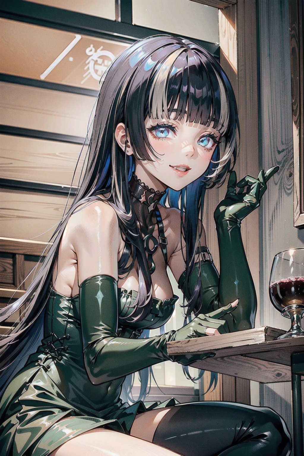 perfect face, perfect hands, perfect eyes, atmospheric scene, masterpiece, best quality, (detailed face), (detailed eyes), cinematic light, female, tall, thicc thighs, smiling, RadenBase, choker, gothic dress, frills, long sleeves, black gloves, RadenRegloss, (bodystocking:1.2), detached sleeves, room, tatami, sake glass, holding glass, drinking, sitting on floor, small table, ,JuufuuteiRaden,RadenBase