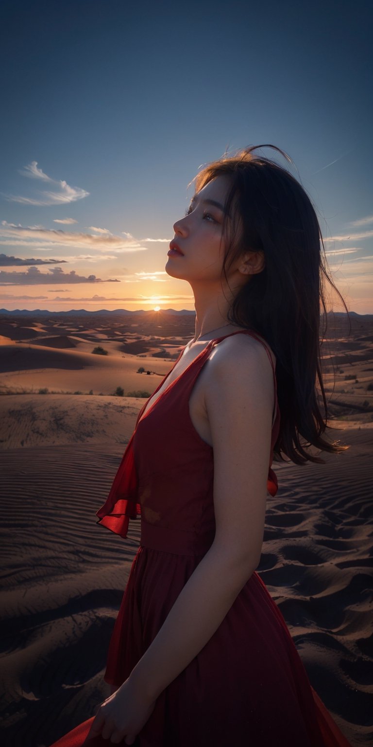 Desert Solitude: Imagine a woman in a flowing red dress, standing atop a sand dune overlooking a vast desert landscape. The sun dips below the horizon, casting long shadows and painting the sky in fiery hues. The silence is broken only by the whisper of wind, and the woman's expression is one of quiet contemplation amidst the stark beauty of nature's harshest embrace.