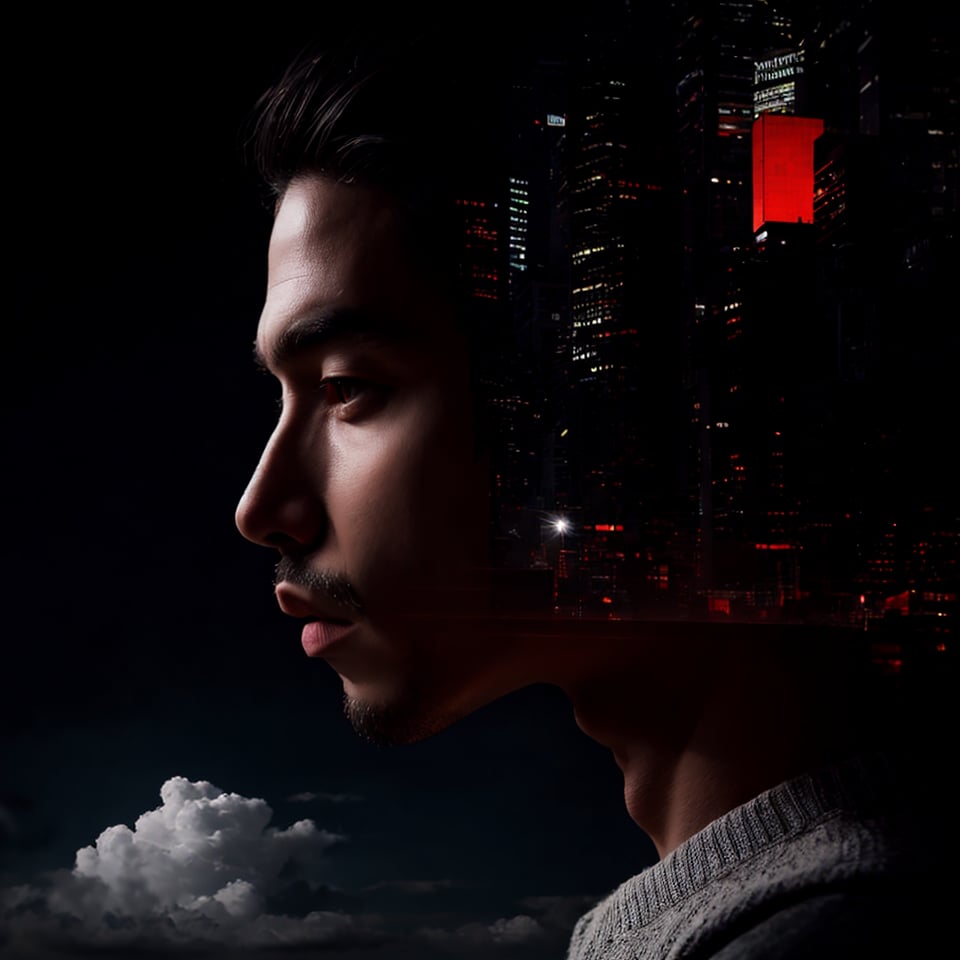 bigcityboiz,building,city,cloud,sky,cloudy sky,cityscape,skyscraper,A digital art piece featuring a man with short hair,look at viewer,double exposure of the face and cityscape in a profile view. The background is white sky with clouds,creating an ethereal effect. His head features multiple intricate architectural elements,blending seamlessly into his facial silhouette. Use a color palette dominated by shades of red to add depth and contrast against grey tones. Incorporate glitch effects for a futuristic touch,,, (best quality:1.3), ultra realistic,32k,RAW photo,(high detailed skin:1.2), 8k uhd, dslr, high quality, film grain,Bigcityboiz