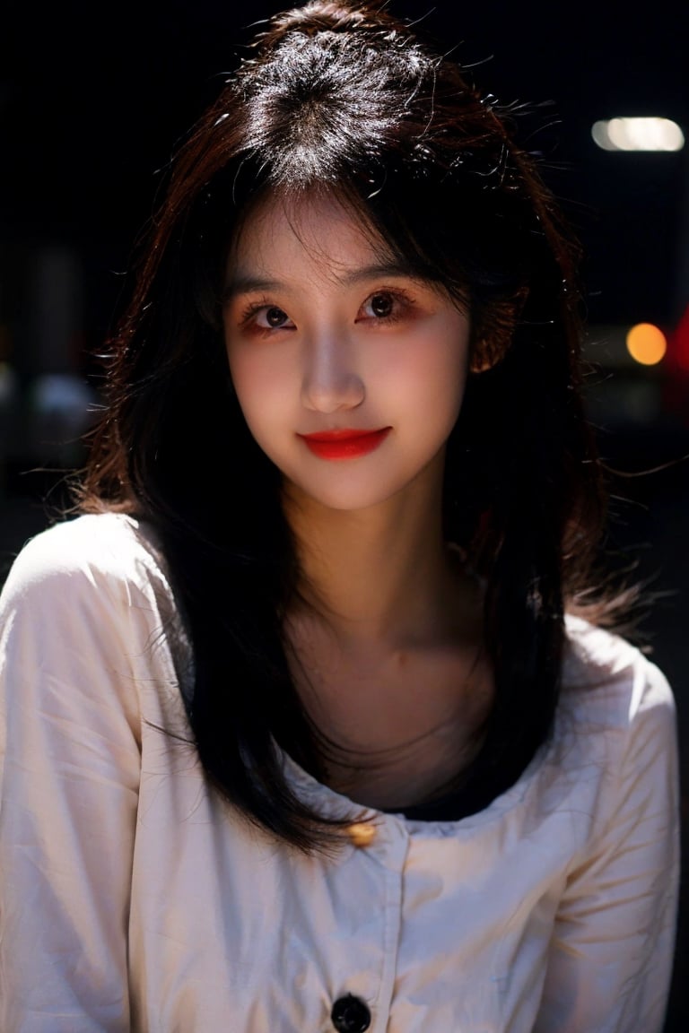 Best quality, masterpiece, ultra high res, (photorealistic:1.4), raw photo, big breasts, in the dark, deep shadow,1girl, korean, bright skin tone, upper body, slim petite body, small breast, volumetric lighting, medium messy hairstyle, beautiful bangs, hairpins, lipgloss, nose contour, light shade blush, cute smile, Trench coat, boots, city background, seductive pose,@imageized. 