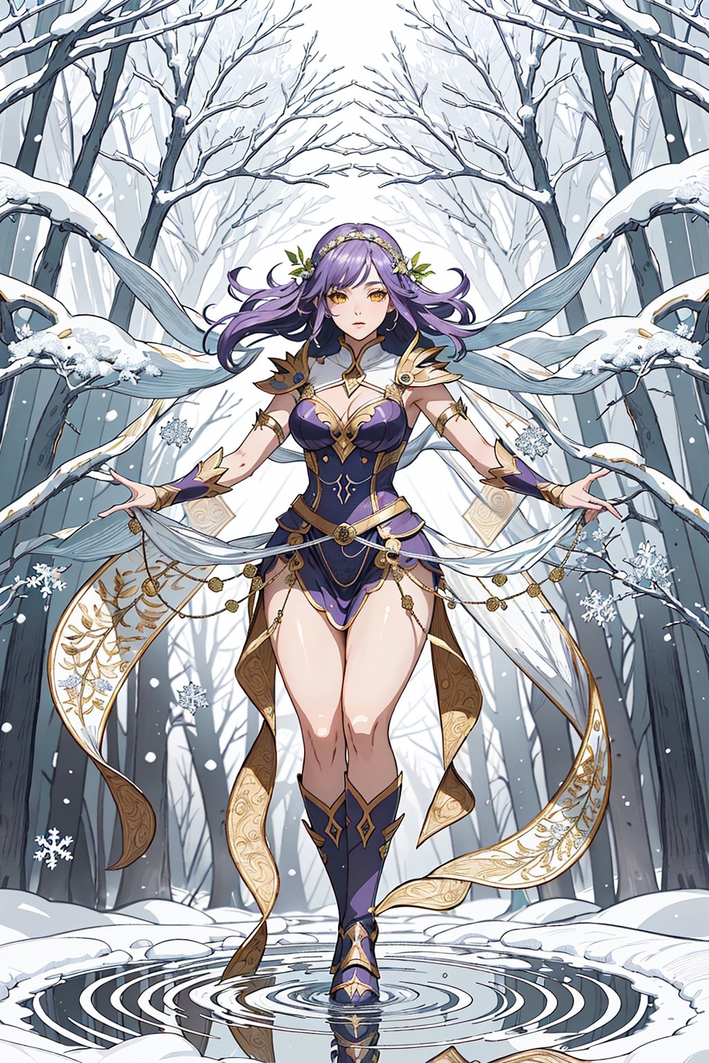 ((Plant armor)),Nature Elf, adorned with luxuriant purple Hair, a vibrant reflection of the enchanting Magic winter scenery that flourish in the Heavenly winter Forest. Captivating Yellow Eyes mirror the wisdom and radiance of celestial flora, while Ivory Skin carries the purity of divine realms. The elf's Curvy Body embodies the organic elegance found in this ethereal winter forest, where each step reverberates with the magical pulse of nature. Envision this Nature Elf approaches you, reaching out to you, her presence enhancing their otherworldly glow. The background, a resplendent Heavenly winter Forest bathed in soft, celestial light, reflected from the snow captures the ethereal beauty of a realm where nature and magic intertwine seamlessly. This Nature Elf thrives in the embrace of the heavenly groves, where the symphony of celestial breezes,falling snowflakes, creates a haven of enchantment and divine beauty.,More Detail,ARISTYLE4, ,highres,line anime