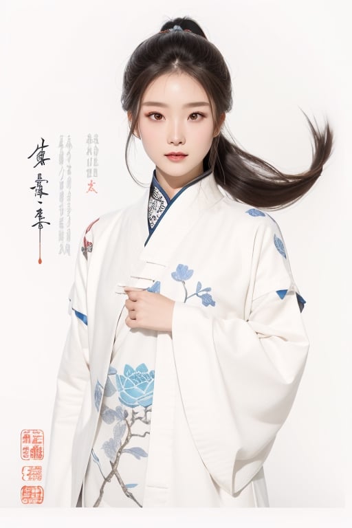 a young East Asian woman as a martial artist. She should be depicted with a poised and confident stance, embodying the strength and elegance of a warrior. Her hairstyle is a long, intricately braided ponytail, typical of historical Chinese heroines, adorned with classic silver hairpins and jade accessories. Her attire is a realistic and detailed hanfu, with flowing white and blue fabrics, decorated with embroidery that represents ancient Chinese symbolism, such as lotus flowers and Yin-Yang motifs. The fabric should have a texture that reflects the quality of silk brocade. The character should be accompanied by a creature resembling a mythical jade rabbit, reimagined to fit into the realistic setting. The background should be a tranquil scene with elements like a stone bridge over a koi pond, willow trees, and distant mountains shrouded in mist. Emphasize the 'guofeng' style in every aspect of the image, from the clothing patterns to the natural scenery, ensuring the final image resonates with the depth and beauty of traditional Chinese art.,girl