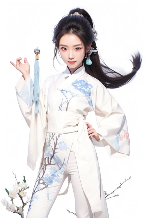 a young East Asian woman as a martial artist. She should be depicted with a poised and confident stance, embodying the strength and elegance of a warrior. Her hairstyle is a long, intricately braided ponytail, typical of historical Chinese heroines, adorned with classic silver hairpins and jade accessories. Her attire is a realistic and detailed hanfu, with flowing white and blue fabrics, decorated with embroidery that represents ancient Chinese symbolism, such as lotus flowers and Yin-Yang motifs. The fabric should have a texture that reflects the quality of silk brocade. The character should be accompanied by a creature resembling a mythical jade rabbit, reimagined to fit into the realistic setting. The background should be a tranquil scene with elements like a stone bridge over a koi pond, willow trees, and distant mountains shrouded in mist. Emphasize the 'guofeng' style in every aspect of the image, from the clothing patterns to the natural scenery, ensuring the final image resonates with the depth and beauty of traditional Chinese art.,girl