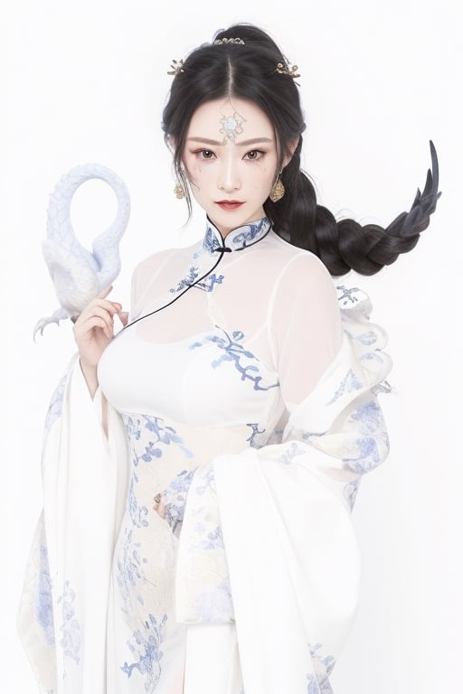 chinese style, realistic, black hair styled in an elaborate braid adorned with classical Chinese hair accessories, ancient Chinese warrior garments, elegantly designed with silk brocade patterns featuring dragons and phoenixes, a mythical creature companion by her side, reminiscent of a jade rabbit, interpreted in a way that blends seamlessly into the realistic setting