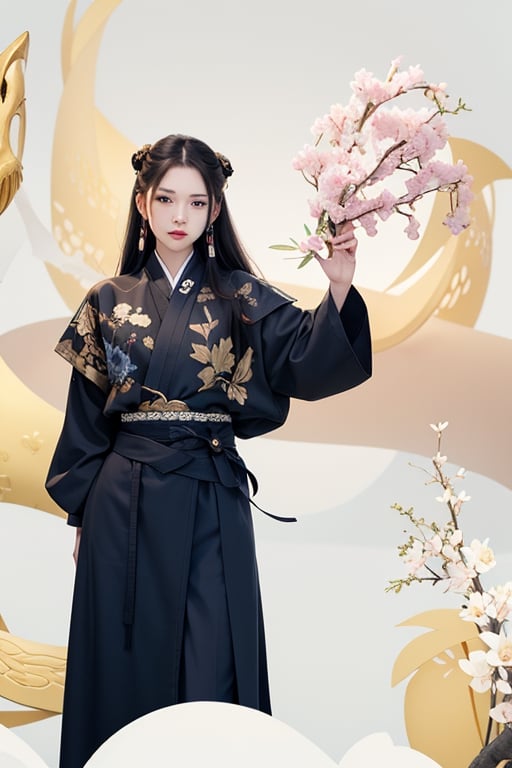 a young East Asian woman as a martial artist. She should be depicted with a poised and confident stance, embodying the strength and elegance of a warrior. Her hairstyle is a long, intricately braided ponytail, typical of historical Chinese heroines, adorned with classic silver hairpins and jade accessories. Her attire is a realistic and detailed hanfu, with flowing white and blue fabrics, decorated with embroidery that represents ancient Chinese symbolism, such as lotus flowers and Yin-Yang motifs. The fabric should have a texture that reflects the quality of silk brocade. The character should be accompanied by a creature resembling a mythical jade rabbit, reimagined to fit into the realistic setting. The background should be a tranquil scene with elements like a stone bridge over a koi pond, willow trees, and distant mountains shrouded in mist. Emphasize the 'guofeng' style in every aspect of the image, from the clothing patterns to the natural scenery, ensuring the final image resonates with the depth and beauty of traditional Chinese art,martial,mulan,gu