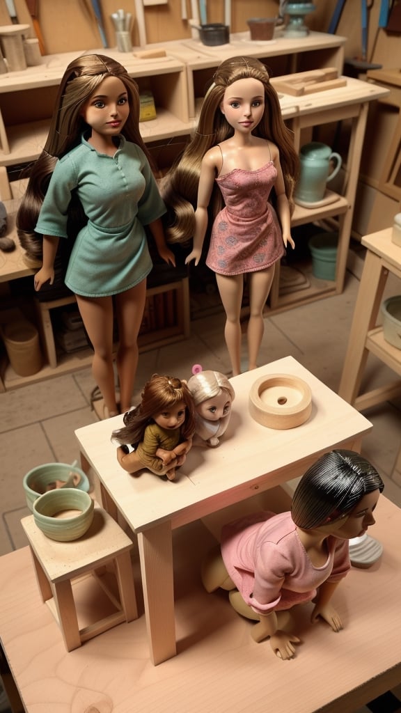 Female ceramic dolls with various patterns are quiet on the table in the woodworking studio.
