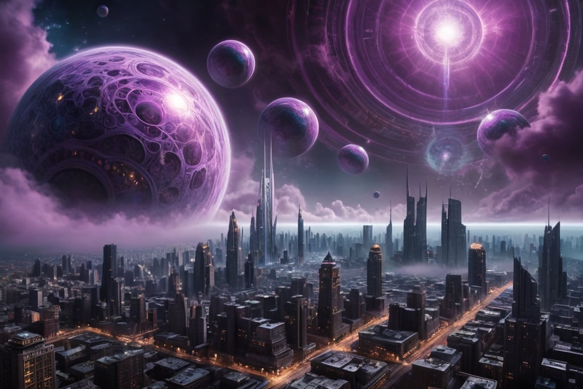 RAW photo
realistic texture, fine details, 

A glowing, iridescent city floats amidst swirling clouds of purple and blue gas on a distant planet. The city is composed of intricate fractal patterns that shift and change as you gaze upon it, revealing hidden structures and pathways. Alien technology hums with an otherworldly energy, pulsing through the city's core like a living heartbeat. As you approach the city, strange, glowing orbs begin to orbit your head, emitting soft whispers in an unknown language. What secrets lie within this mystical metropolis?