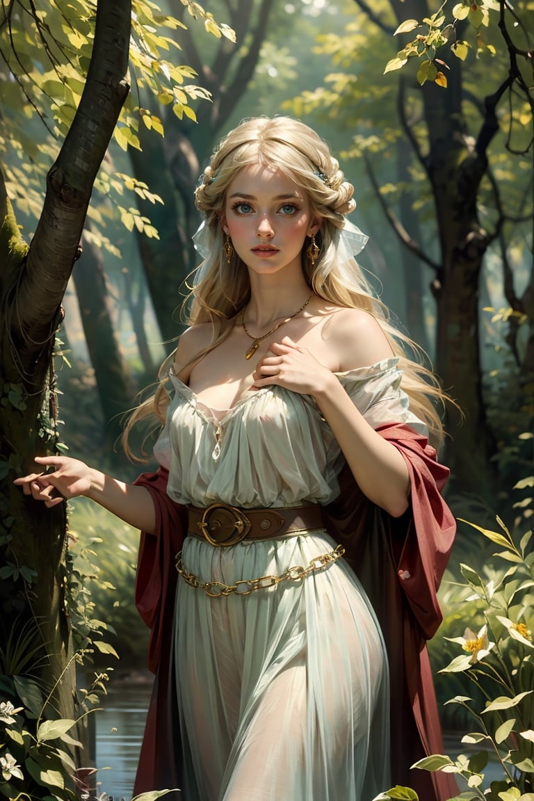 ((absurdres)), ((best quality)), ((a masterpiece)), ((award winning photo)), ((photorealistic)), ((fantasycore)), ((shimmering)) ((ethereal))((ultradetailed)), cinematic, model shoot posing, (in the forest with dappled light illuminating her face)

Her long yellow hair rippled down her shoulders, her gown was green, green as young reeds, shot with silver like beads of dew, and her belt was of gold, shaped like a chain of flag lilies, set with the pale blue eyes of forget-me-nots,lord of the rings (but careful with the word lord),nodf_lora,renaissance