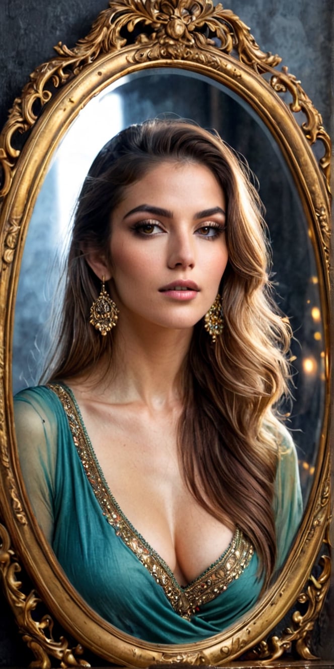 Generate hyper realistic image of the woman's beauty is reflected in a mystical mirror, adding an element of enchantment and symbolism. Experiment with lighting to enhance the magical quality of the reflection.