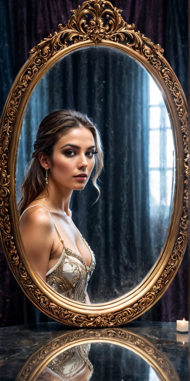 Generate hyper realistic image of the woman's beauty is reflected in a mystical mirror, adding an element of enchantment and symbolism. Experiment with lighting to enhance the magical quality of the reflection.