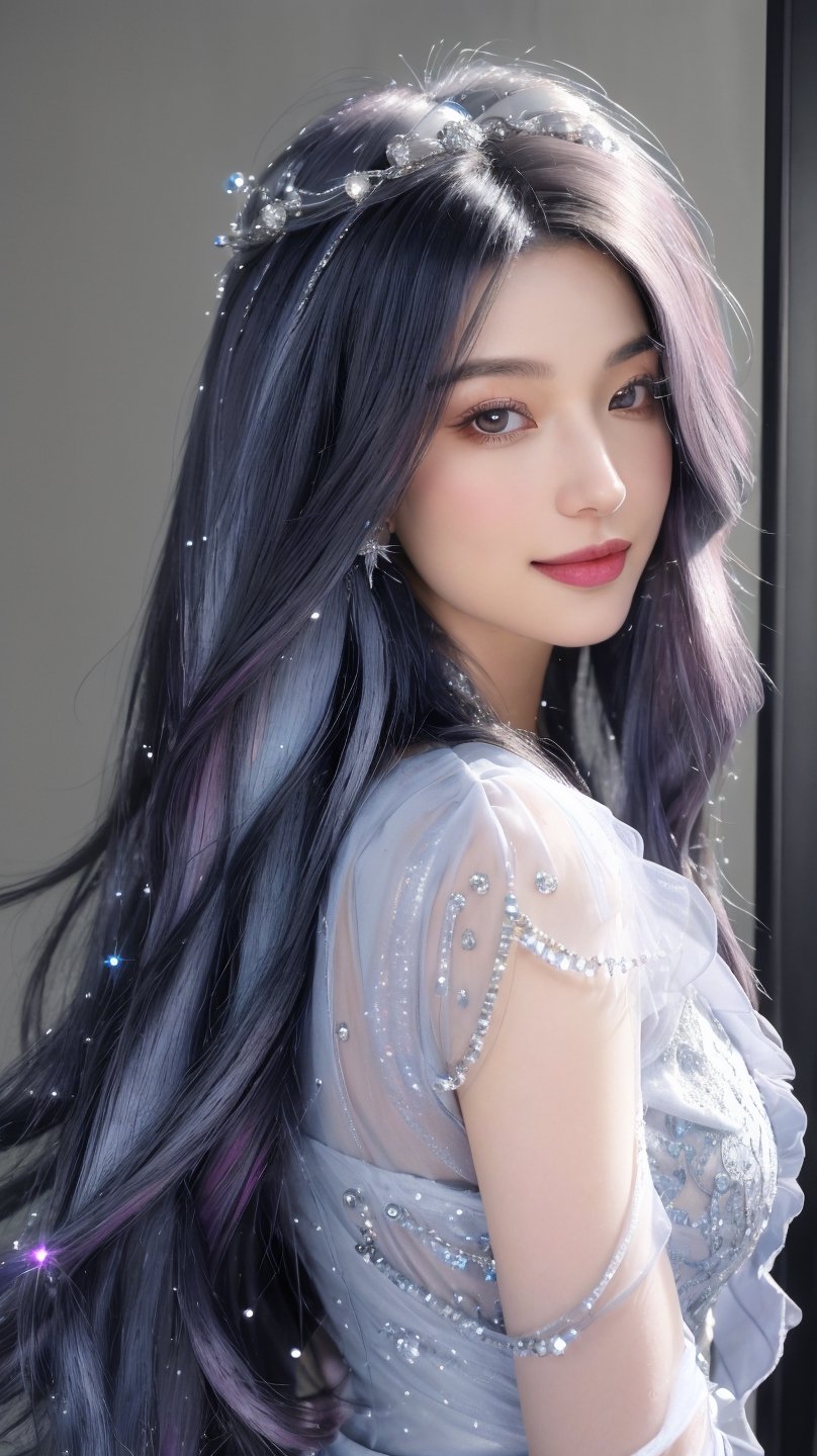 8k, (absurdres, highres, ultra detailed),space princess is a sight to behold, her flowing gown shimmers with ethereal hues of deep purple and silver, adorned with intricate lacework and embellished with sparkling gemstones. Her long hair cascades in iridescent waves, framing a face that radiates pure beauty and grace. resulting in a breathtaking masterpiece that leaves the viewer in awe.light smile,straight-on, smoke and shadows,y2k, big breast