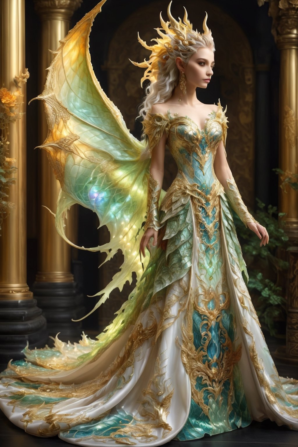 alabaster skin, mystical being, born of the union between a dragon and an elf girl,elf ears,Dragon inspired dress,extraordinary creature exhibits both draconic and elven features, blending the elegance of the elves with the majestic presence of dragons, Its scales might shimmer with ethereal colors, and its pointed ears,,DonM3lv3sXL,Disney pixar style,golden dragon