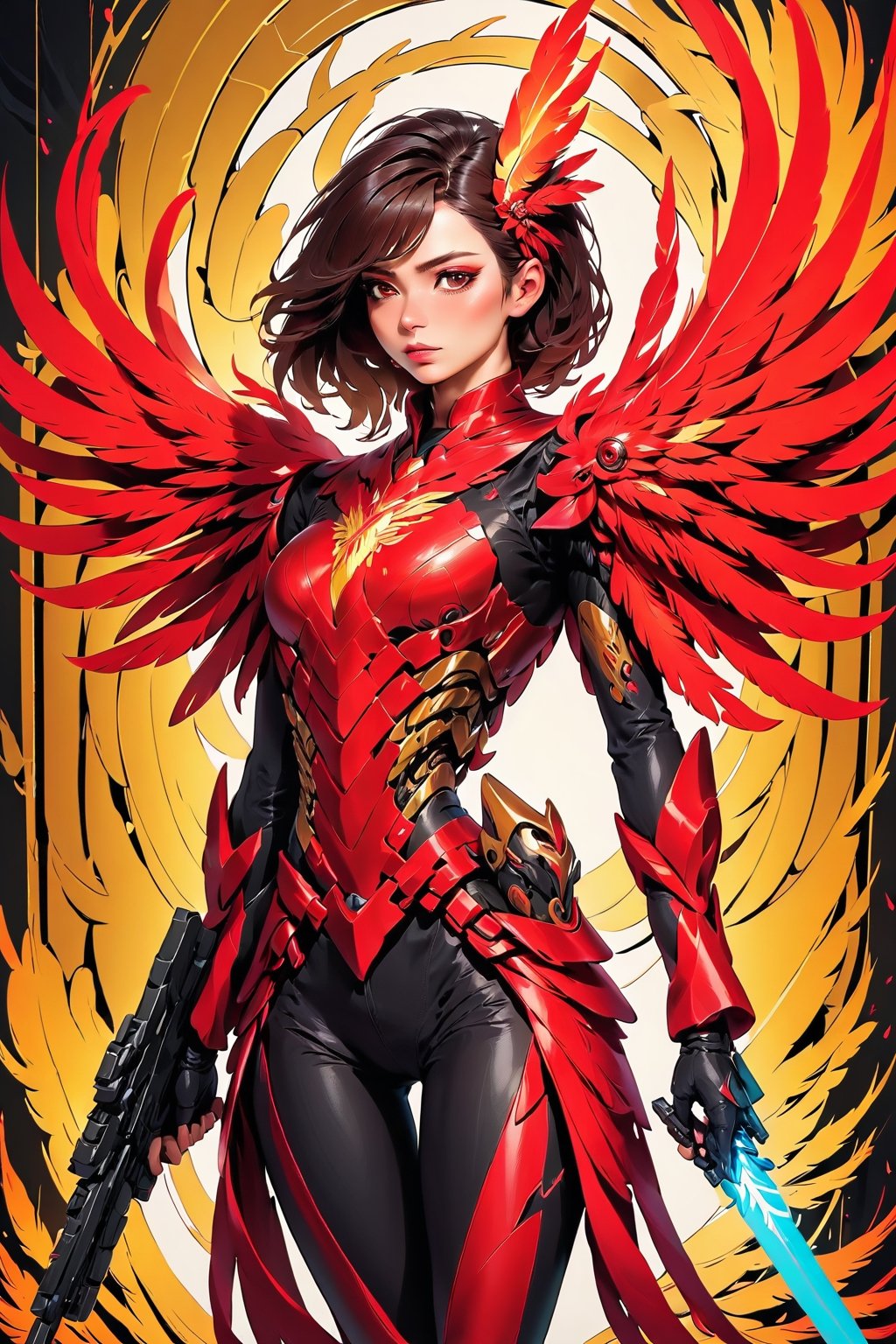 solo, red eyes,  weapon, holding weapon sword, gun, no humans, glowing, halo, robot, building, holding gun, female mecha, science fiction, beautiful Phoenix wings, humangus