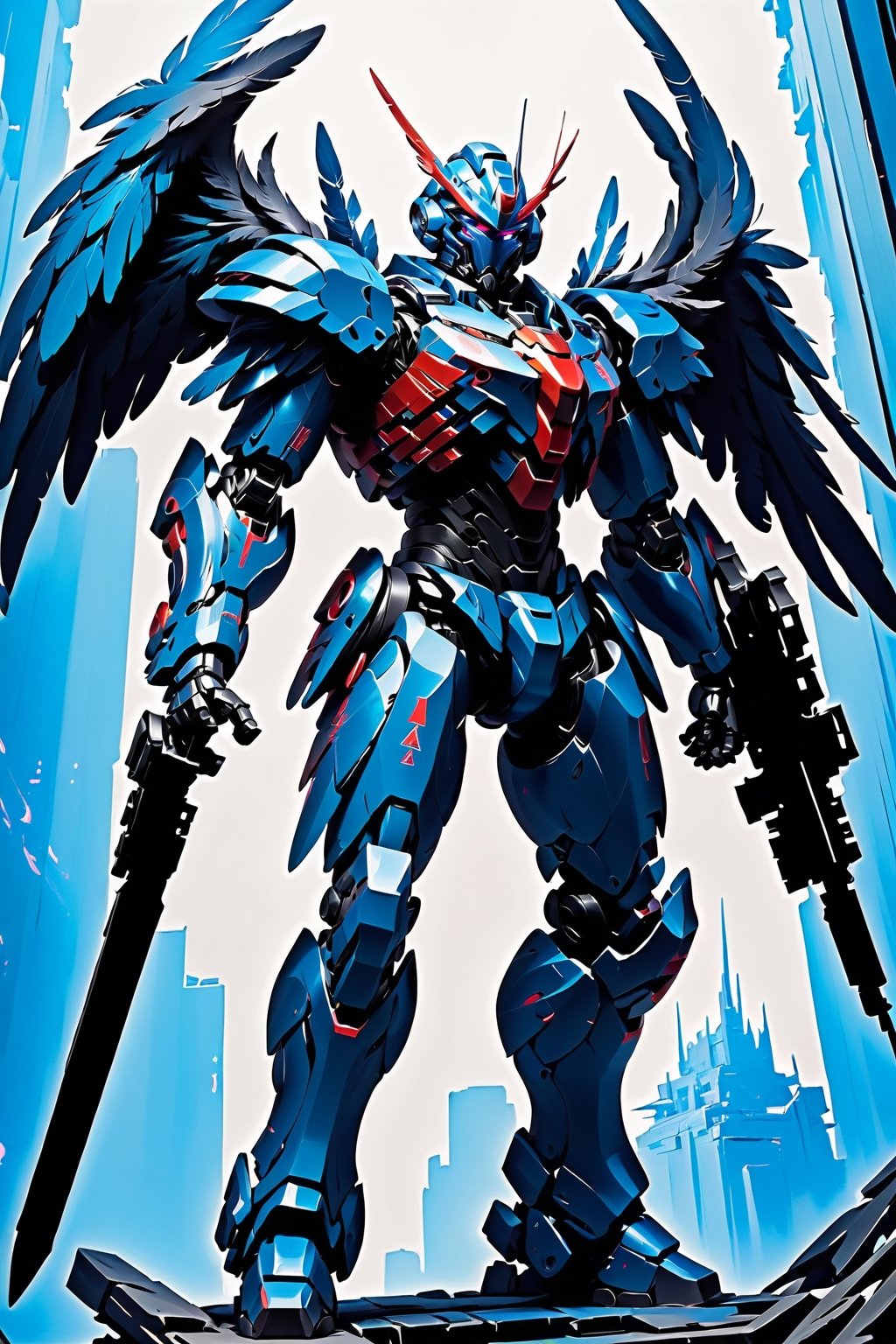 solo, holding, standing, weapon, wings, sky, holding weapon, armor, gun, no humans, robot, building, holding gun, mecha, science fiction