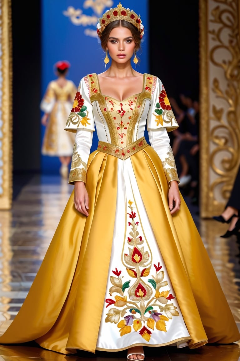 beautiful slavic woman, Visualize an exquisite Valencian ethnic costume inspired by Europe, The gown features a lavish display of gold embroidery, intricately weaving floral motifs and delicate patterns across the fabric. The luxurious dress, reminiscent of noblewomen's bridal attire, emanates opulence with its finely crafted details,  big tit