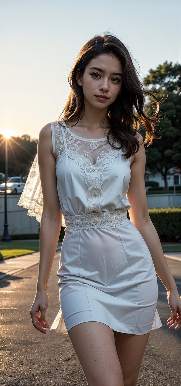 masterpiece, best quality, (photorealistic:1.3), HDR, a young girl walking, closed eyes, she wears a gown of sheer burgundy silk and lace, (depth of field, sunset:1.2), sexy, perfect female form, at tropical beach