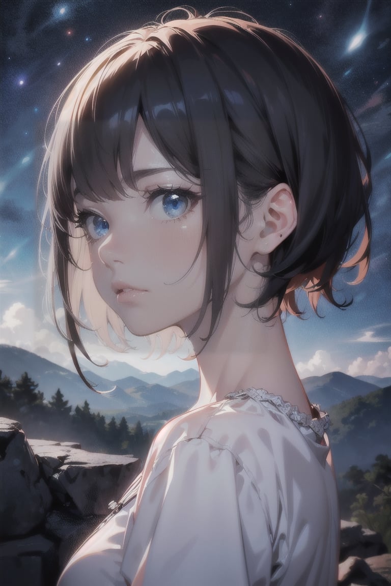 atmospheric scene, masterpiece, best quality, (detailed face, detailed skin texture), (cinematic light: 1.1), High detailed, Color magic, 1female, full body, black hair, (blue highlight: 1.1), (short hair, wolfcut), blue eyes, pretty eyes, starry eyes, hoshimachi suisei,