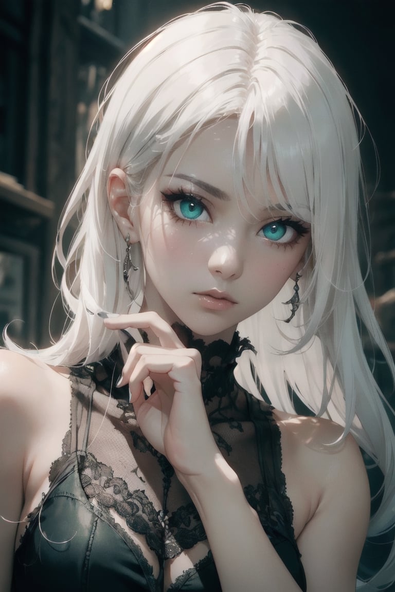 atmospheric scene, masterpiece, best quality, (detailed face, detailed skin texture), (cinematic light: 1.1), 1female, full_body, better_hand, perfect hands, (white hair), (long hair), green eyes, slit pupil, red eyeliner, emotionless, 